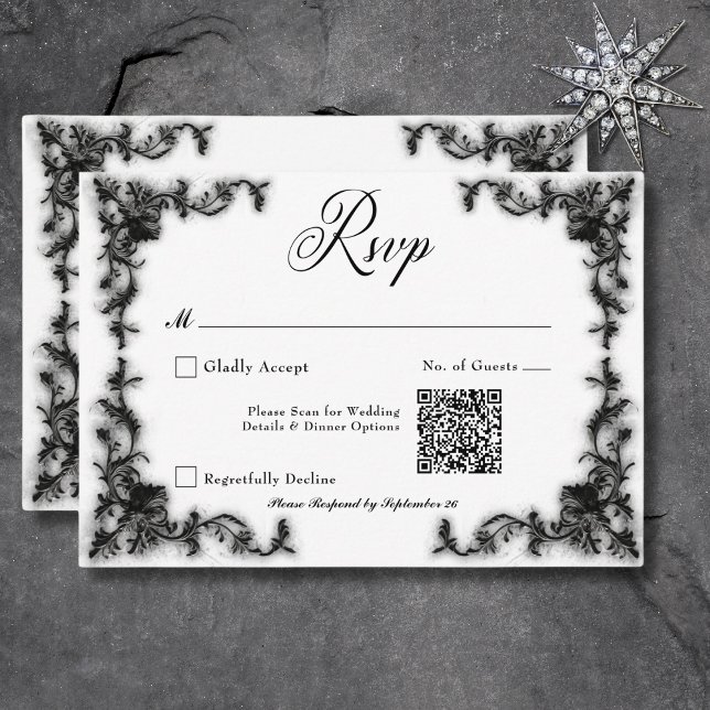 QR-Code für Gothic Black & White Filigree Herz RSVP Karte (Gothic Black & White Filigree Heart QR Code RSVP Card)