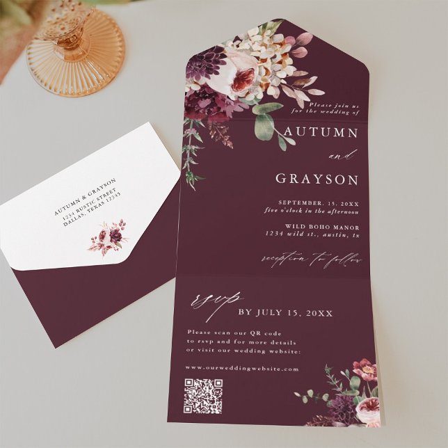 QR-Code für Herbst Romance Burgundy Floral Wedding All In One Einladung (Inside & Back)