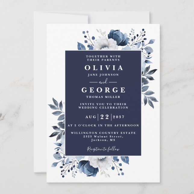 QR-Code für Hochzeit von Navy Blue Elegant Rustic  Einladung (Vorderseite)