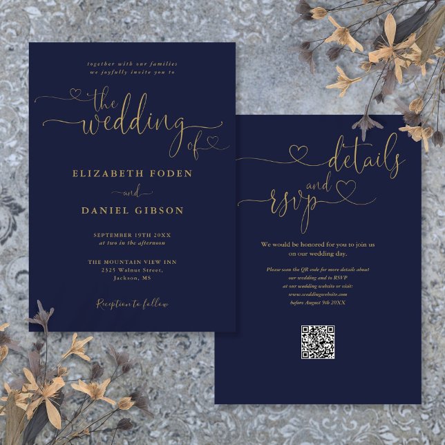 QR-Code für Hochzeit von Navy Blue und Gold Heart  Einladung (Navy Blue And Gold Heart Script QR Code Wedding Invitation)
