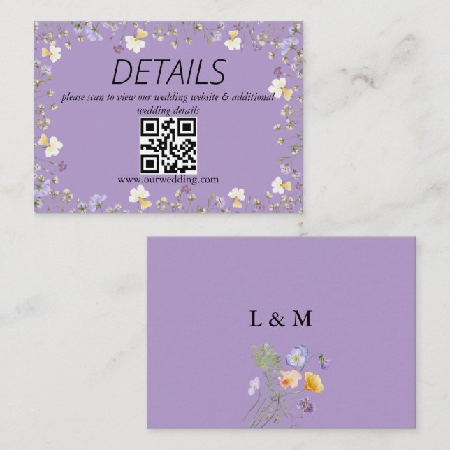 QR-Code für Hochzeiten mit lila Wildblume Begleitkarte (Vorne/Hinten)