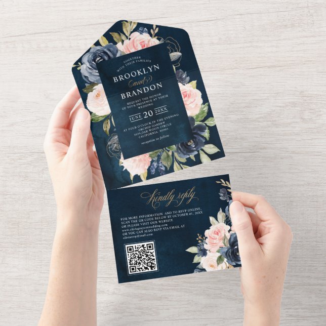 QR-Code für Hochzeiten von Navy Blue Dusty Blush P All In One Einladung (Abreißen)