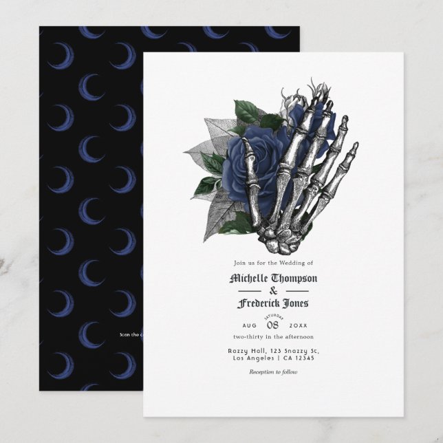 QR-Code für Hochzeiten von Navy Blue Floral Einladung (Vorne/Hinten)