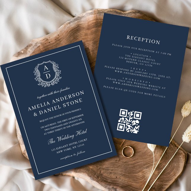 QR-Code für Hochzeiten von Navy Blue Floral Wappen Einladung (Von Creator hochgeladen)