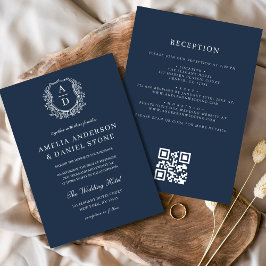 QR-Code für Hochzeiten von Navy Blue Floral Wappen Einladung