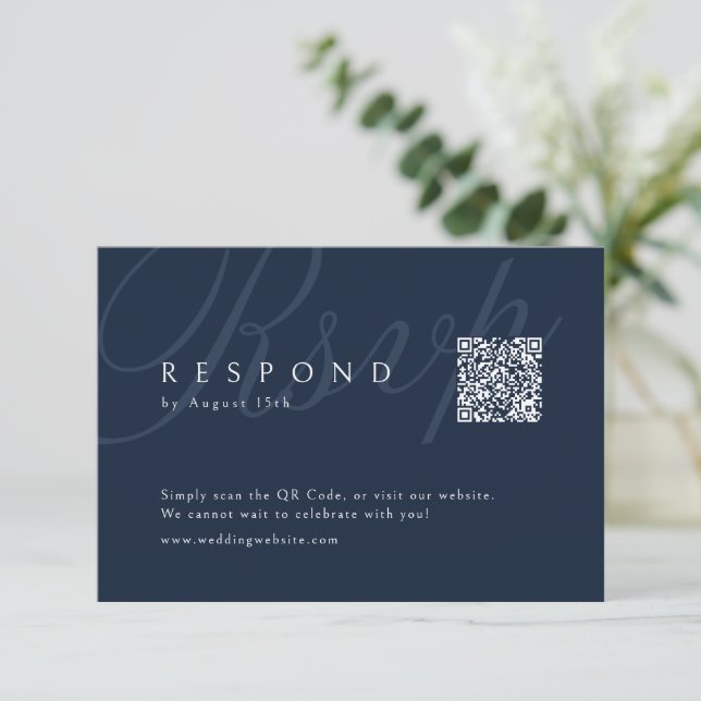 QR-Code für Hochzeiten von Navy Classic Elegance C RSVP Karte (Stehend Vorderseite)