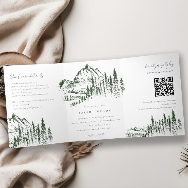 QR-Code für Hochzeitsskizzen von grünen Pine Woods Dreifach Gefaltete Ankündigung (Von Creator hochgeladen)