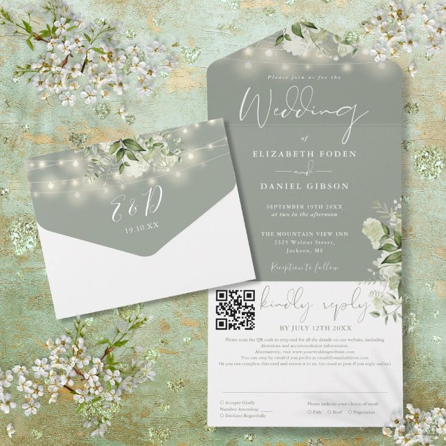 QR-Code für Hochzeitsszenierungen mit grünen Blume All In One Einladung (Sage Green Floral String Lights QR Code Wedding All In One Invitation)