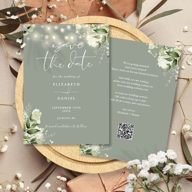 QR-Code für Hochzeitsszenierungen mit grünen Blume Save The Date (Sage Green Floral String Lights QR Code Wedding Save The Date)