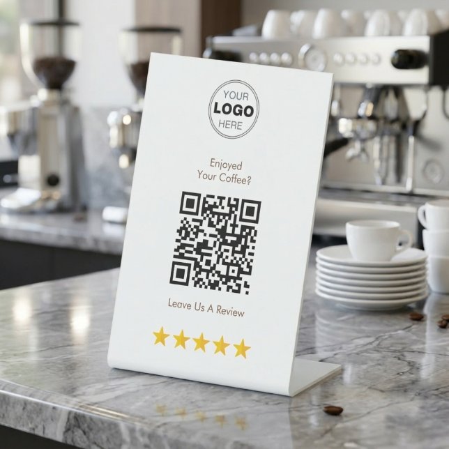 QR-Code für Kaffeeshop-Bewertungen Sockelschild (Modern white L-shaped pedestal sign with a QR code and five gold stars for customer reviews.)