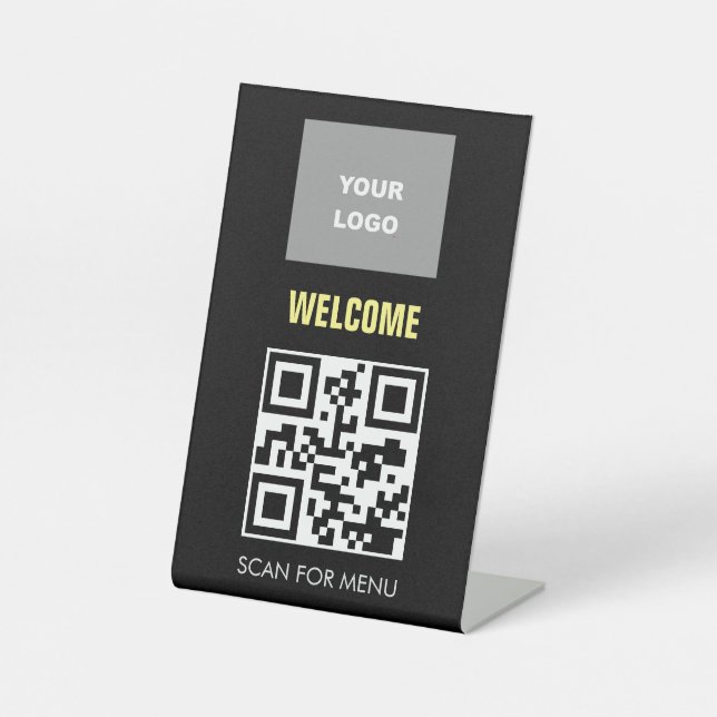 QR-Code für kontaktloses Scannermenü-Logo Schwarz Sockelschild (Vorderseite)