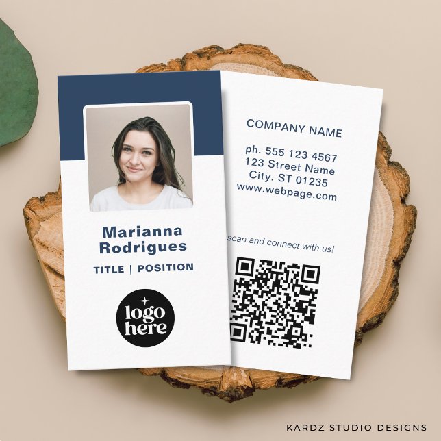 QR-Code für kundenspezifische Mitarbeiter-Foto Visitenkarte (Front and back of the business card are shown in standard size. Choose size, corner + paper style.)
