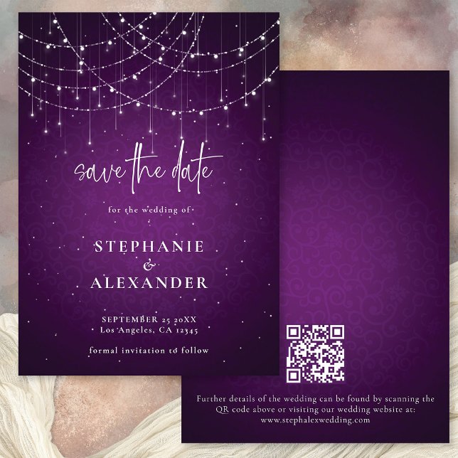 QR-Code für lila String-Lichter Save the Date (Front and back view)