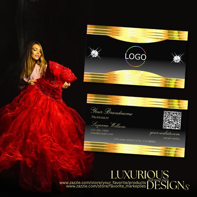 QR-Code für luxuriöse Black Ombre Gold Borders Visitenkarte (Von Creator hochgeladen)