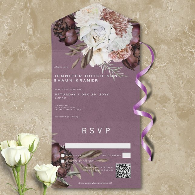 QR-Code für moderne Burgund & White Peonys & Rose All In One Einladung (Modern Burgundy & White Peonies & Roses QR Code All In One Invitation)