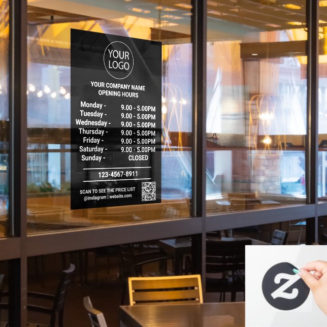 QR-Code für moderne Geschäftsöffnungszeiten schwar Fensteraufkleber (Restaurantfenster)