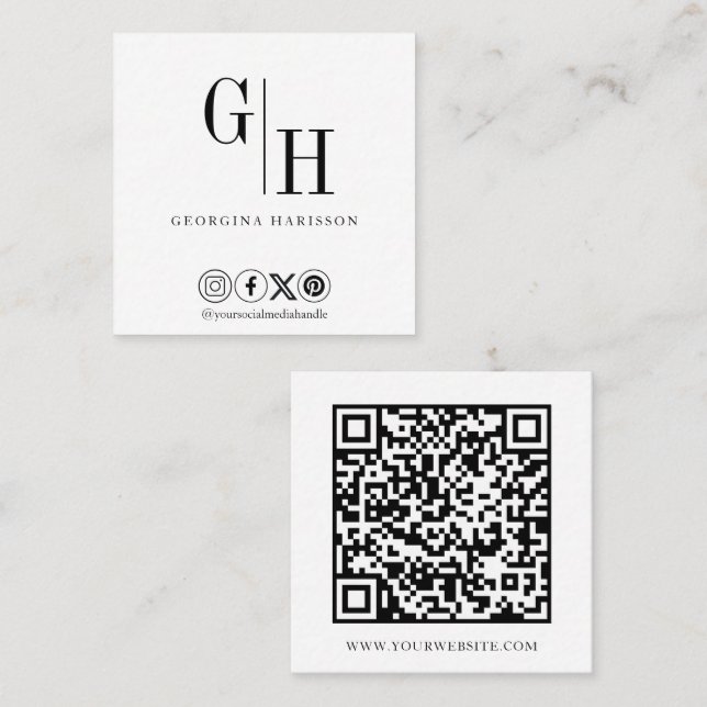 QR-Code für moderne Monogram-Logos weiß Quadratische Visitenkarte (Vorne/Hinten)