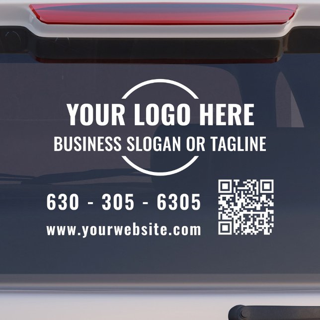 QR-Code für moderne Unternehmen - Weißer Car Vinyl Fensteraufkleber (Modern, professional business car window decal with your logo, QR code and contact details in white.)