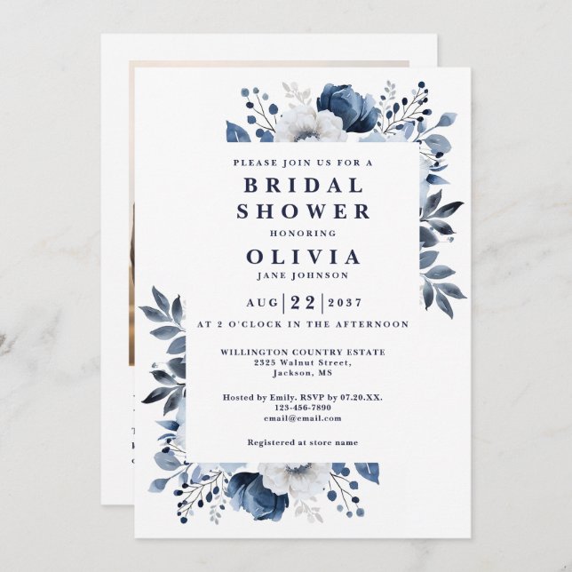 QR-Code für Navy Blue Floral Brautparty Einladung (Vorne/Hinten)