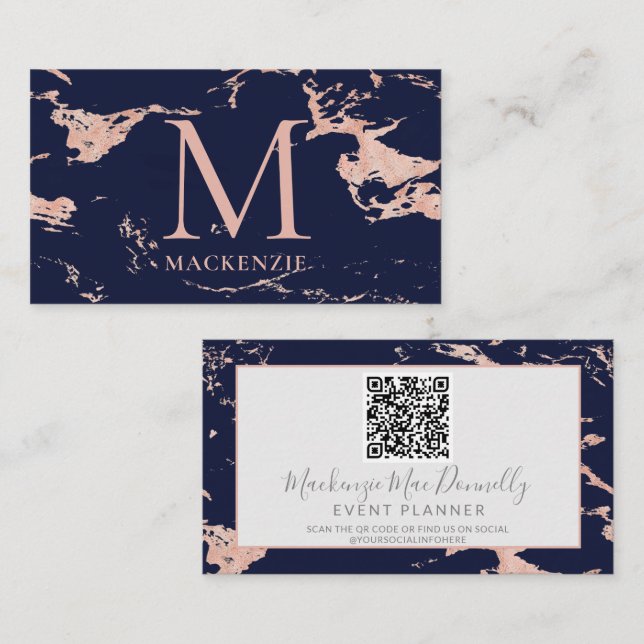 QR-Code für Navy Blue Rose Gold Foil Marble Monogr Visitenkarte (Vorne/Hinten)