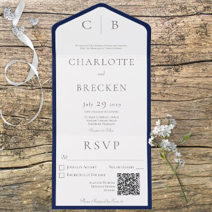 QR-Code für Navy Blue & White Minimal Monogram All In One Einladung