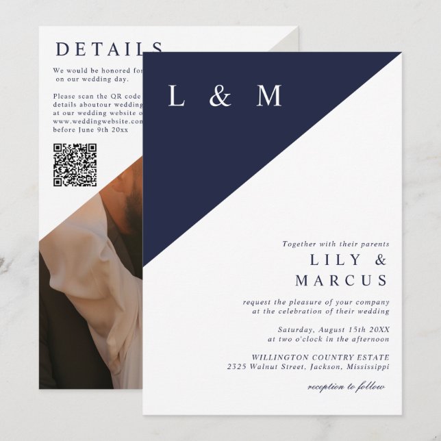 QR-Code für Navy Blue White Minimalistisch Wedding Einladung (Vorne/Hinten)