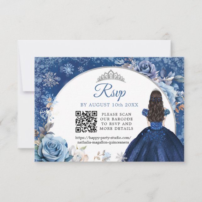 QR-Code für Navy Blue Winter Snowflake Quinceanera RSVP Karte (Vorderseite)