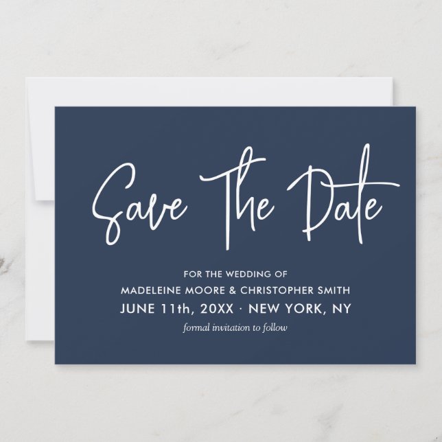QR-Code für Navy Modern Calligraphy Scannable Save The Date (Vorderseite)