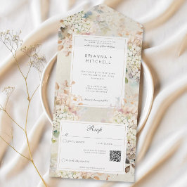 QR-Code für neutrale Vintage Hydrangeas All In One Einladung