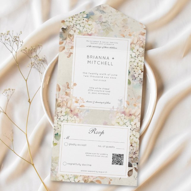 QR-Code für neutrale Vintage Hydrangeas All In One Einladung (Romantic Neutral Vintage Hydrangeas QR Code All In One Invitation)