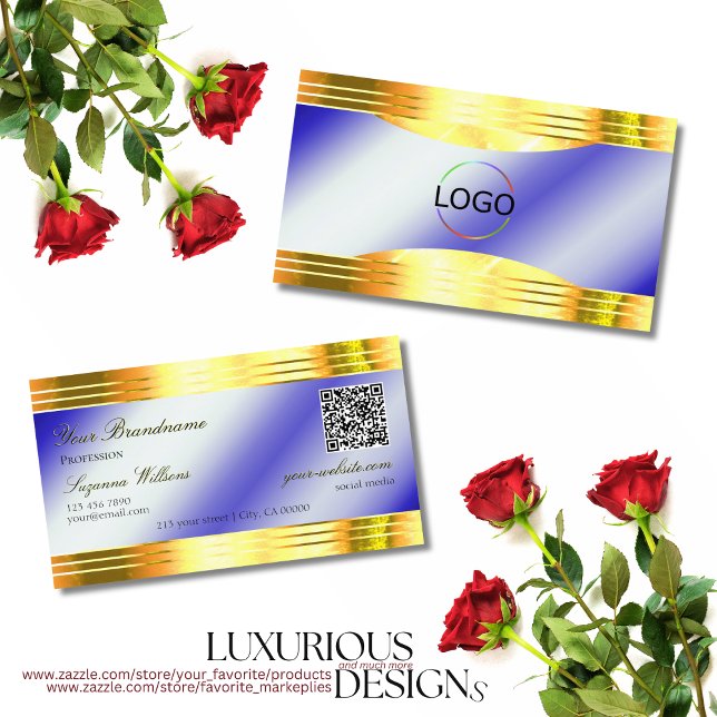 QR-Code für Noble Royal Blue Shiny Gold Borders Visitenkarte (Von Creator hochgeladen)