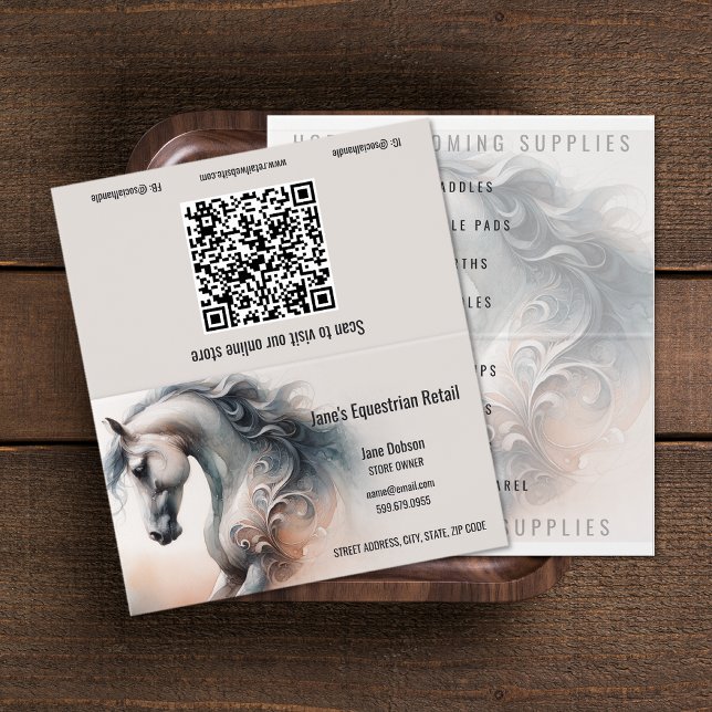 QR-Code für Pferderückstände Visitenkarten (Horse Equestrian QR Code Folded Business Cards (unfolded))