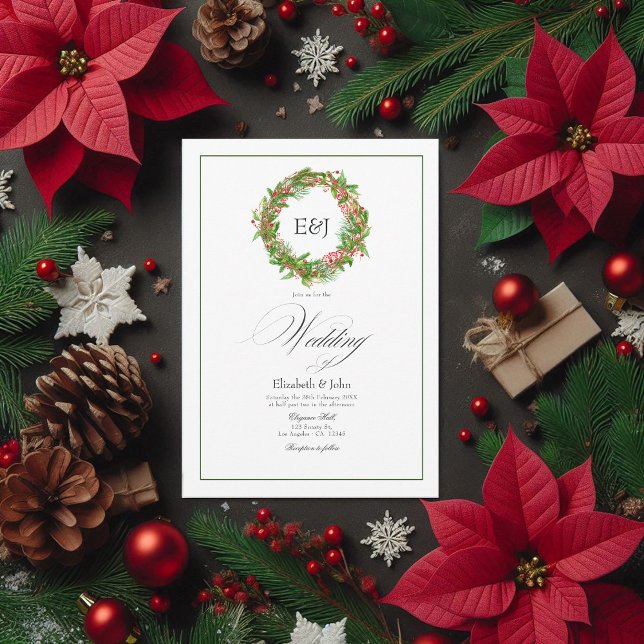 QR-Code für Poinsettia & Pine Christmas Wedding Ch Einladung (Poinsettia & Pine Christmas Wedding Charm QR Code Invitation)