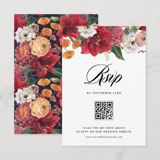 QR-Code für Red Amaryllis Botanical Winter Wedding RSVP Karte (Vorne/Hinten)
