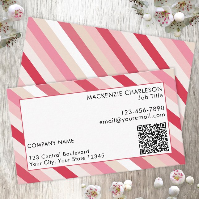 QR-Code für rosa Candy Strip Visitenkarte (Pink pastel candy striped business card with QR code)