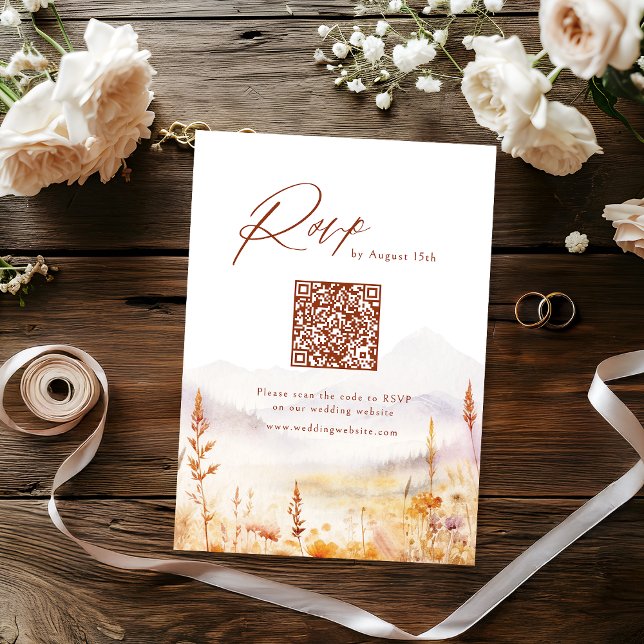 QR-Code für rustikale Hochzeit auf dem Wildblumenb RSVP Karte (Fall Wildflower Mountain Rustic Wedding QR code RSVP Card)