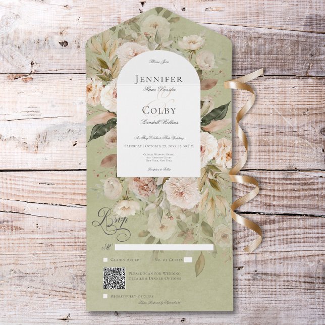 QR-Code für rustikale neutrale Tan- und grüne Blüt All In One Einladung (Rustic Neutral Tan & Green Floral Arch QR Code All In One Invitation)