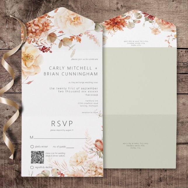 QR-Code für scharfer Fall Rust & Blush Boho All In One Einladung (Spicy Fall Rust & Blush Boho Floral All In One Wedding Invitation with QR Code)