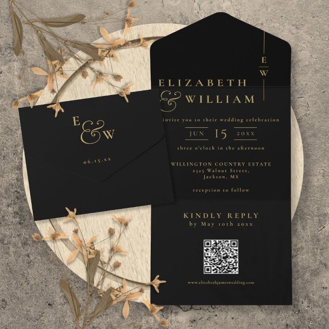 QR-Code für Schwarz-Gold-Elegant-Monogramm-Hochzei All In One Einladung (Black And Gold Elegant Monogram QR Code Wedding All In One Invitation)