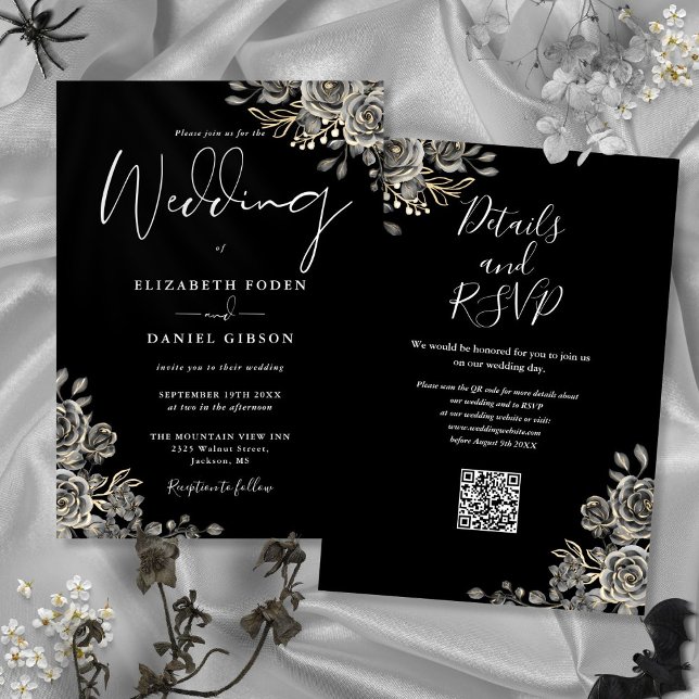 QR-Code für Schwarz-Weiß-Gotik Einladung (Black And White Gothic Floral QR Code Wedding Invitation)