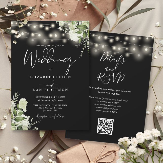 QR-Code für Schwarz-Weiß-Leuchten Einladung (Black And White Lights Floral QR Code Wedding Invitation)