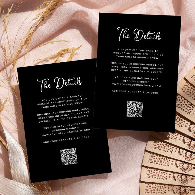 QR-Code für Schwarze Whimsical Wedding Guest Detai Begleitkarte (A simple, dark black wedding details card with QR code)