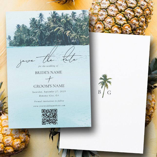 QR-Code für tropische Wasserfarbenpalmen und Stran Save The Date (Tropical Watercolor Palms & Beach Wedding QR Code Save The Date)