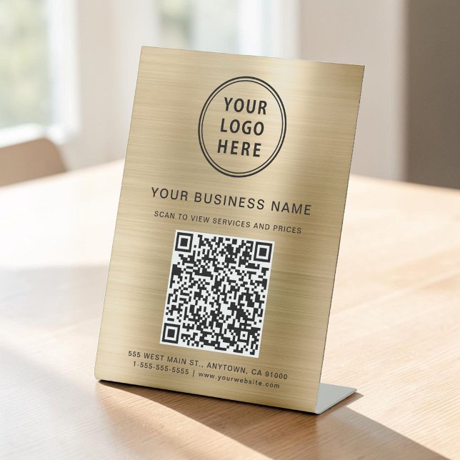 QR-Code für Unternehmen und Logo Metallic Gold Sockelschild (Business QR Code and Logo Metallic Gold Pedestal Sign)