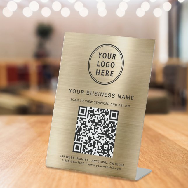 QR-Code für Unternehmen und Logo Metallic Gold Sockelschild (Connect customers and clients to your desired website destination with a single scan)