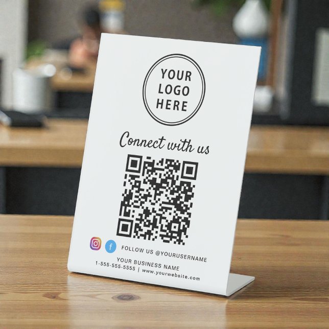 QR-Code für Unternehmen Verbindung mit unserem Tab Sockelschild (Business Logo QR Code Connect With Us Tabletop Pedestal Sign)