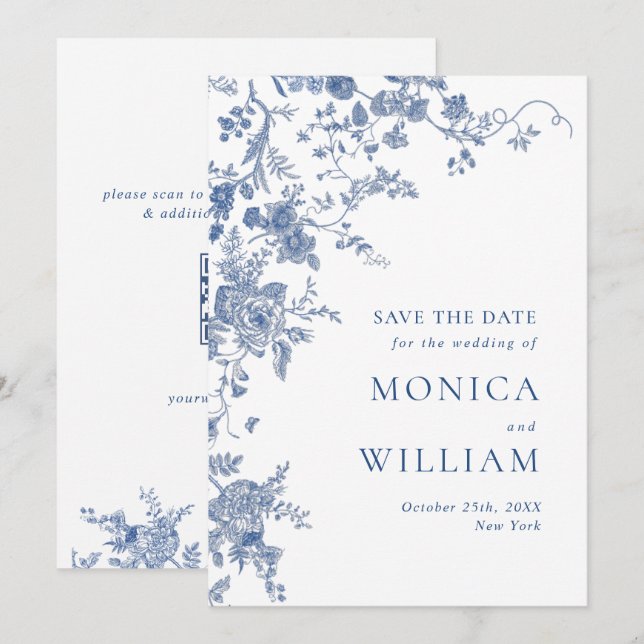 QR-Code für viktorianisch Blue French Garden Weddi Save The Date (Vorne/Hinten)