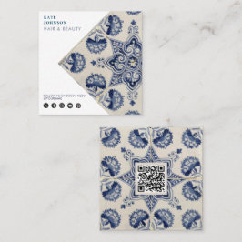 QR-Code für Vintage blaue geometrische Blume Quadratische Visitenkarte