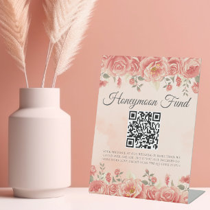 QR-Code für Vintage Korallen-Rose Hochzeitsflitter Sockelschild