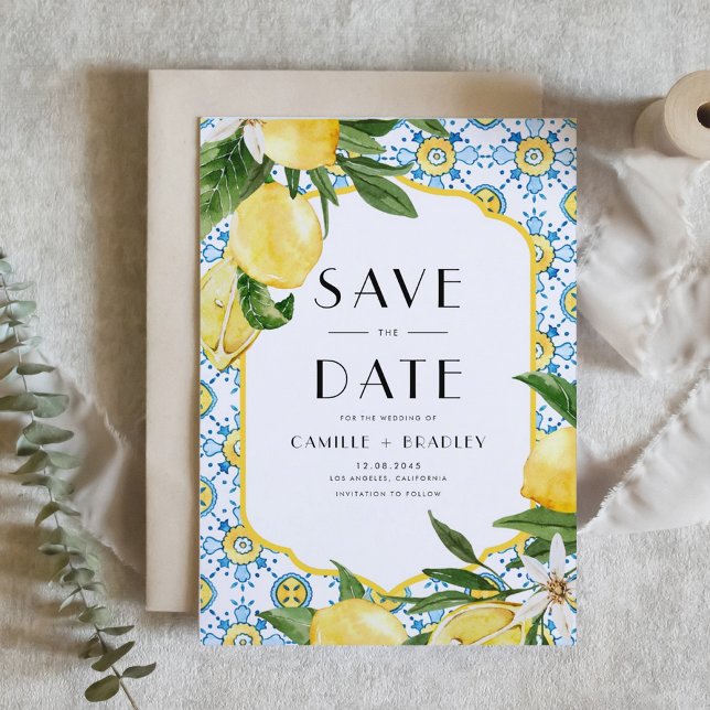 QR-Code für Wasserfarben und marokkanisches Fliese Save The Date (Watercolor Lemon and Moroccan Tile Pattern QR Code Save The Date Announcement Card)